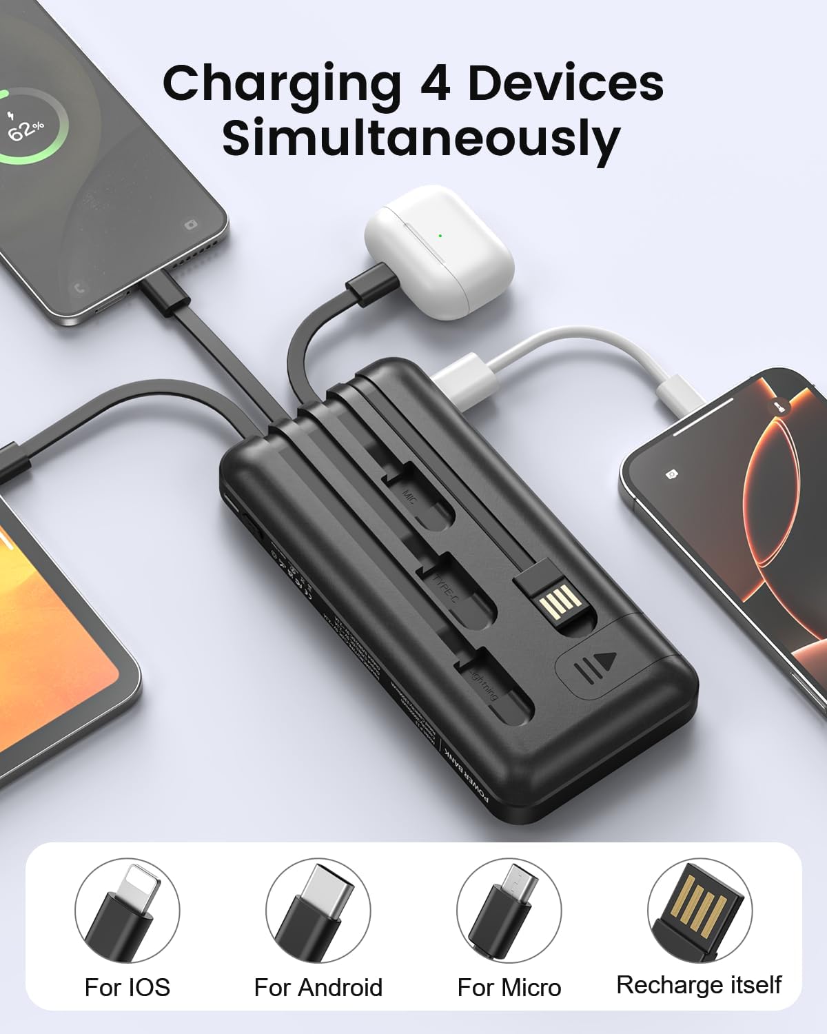 Portable Charger Power Bank with 4 Built in Cables,38800mAh 22.5W External Battery Pack, USB C Fast Charging, Travel Phone Charger for iPhone 17/16/15 Samsung Android iPad(Black,38800mAh)