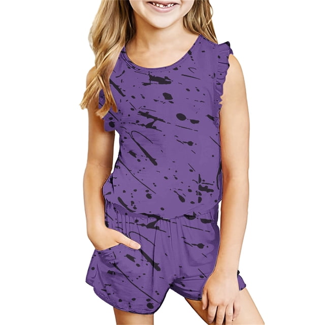 IFNWSV Ensembles d'Été pour Filles Mode Décontractée Sans Manches Col Rond Imprimé Ensembles de Shorts 7-8 Ans