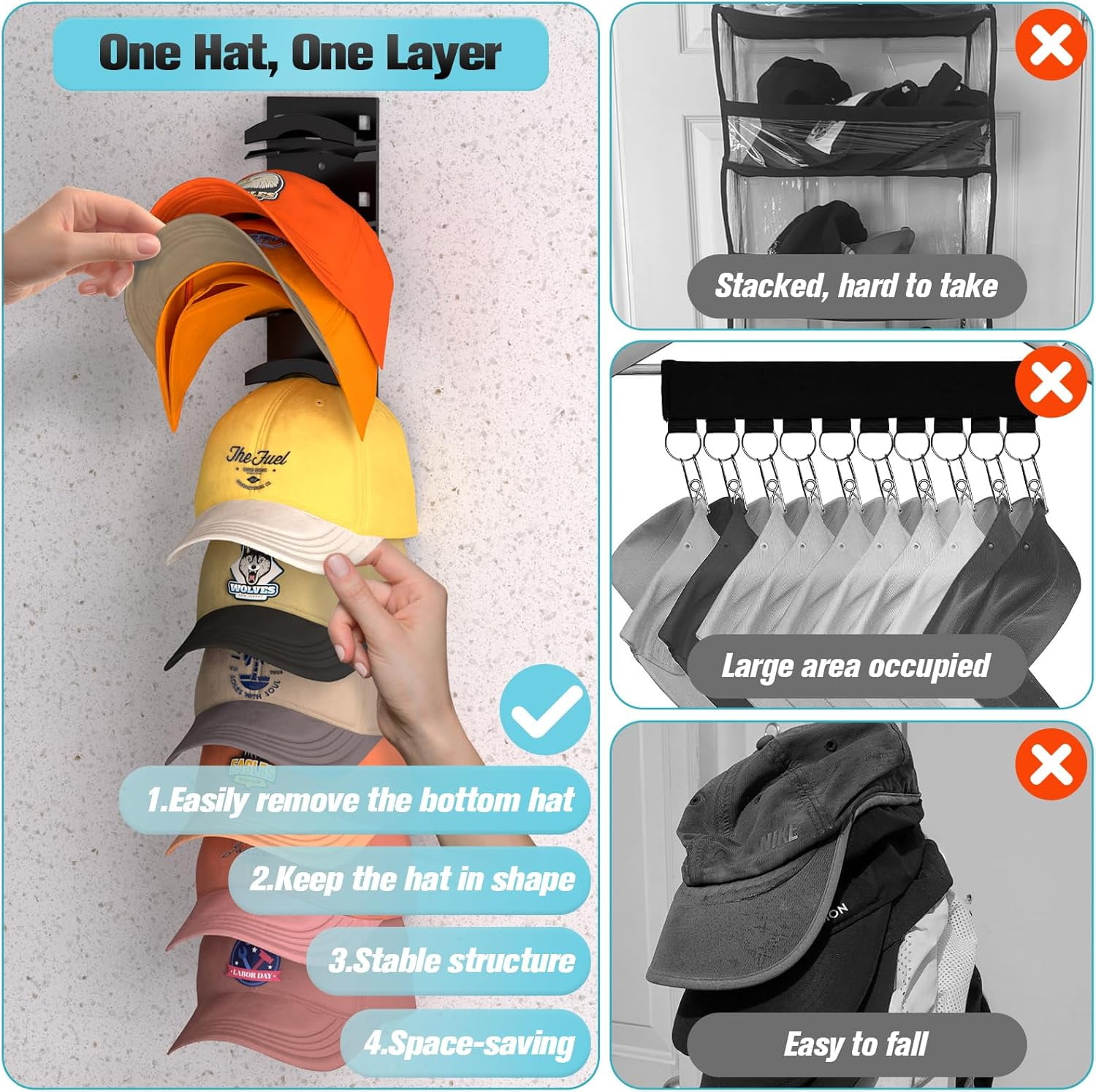 Livhil Hat Organizer for Baseball Caps 2Pack, Hat Rack for Wall with Strong Adhesive Hold up to 20 Hats, Hat Hanger Holder Display for Door Closet
