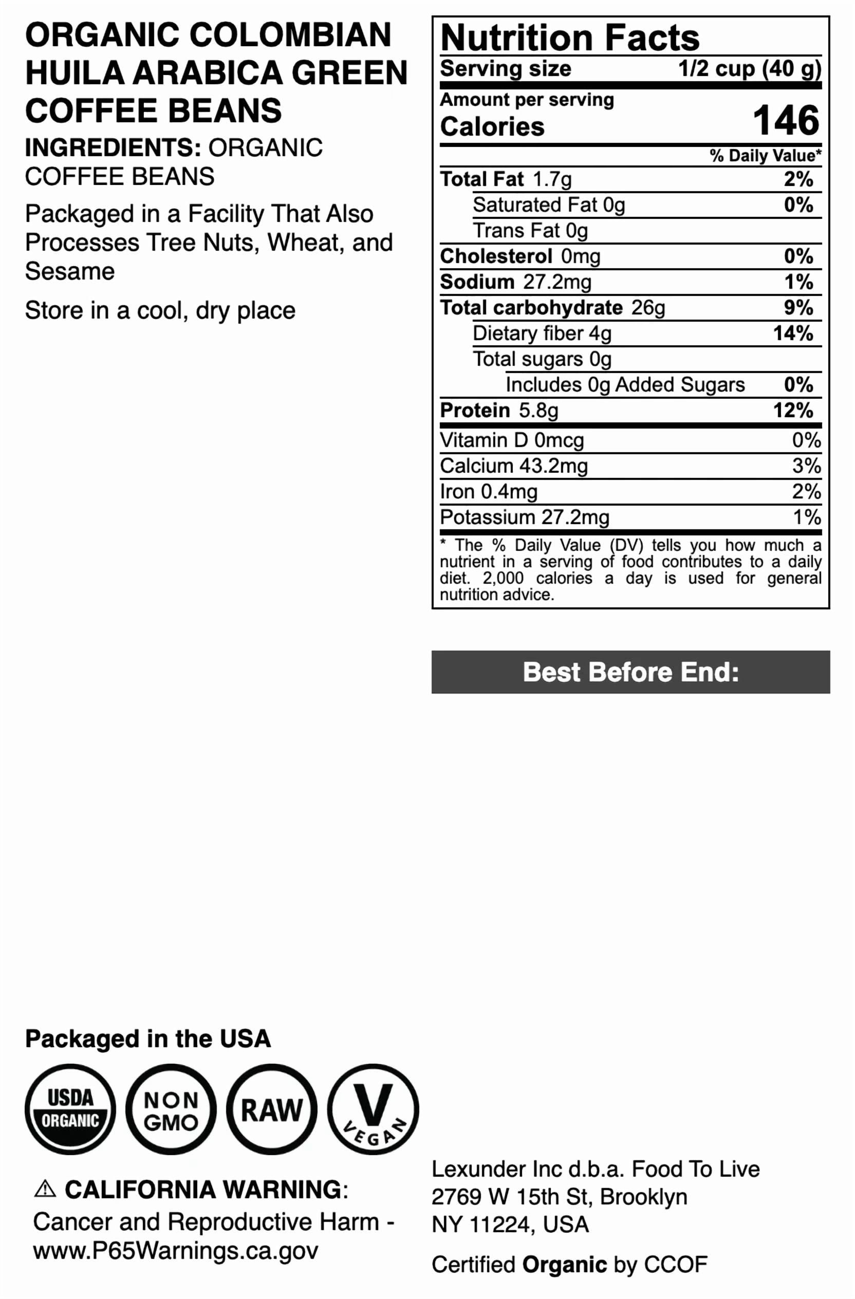 Organic Colombian Huila Arabica Green Coffee Beans, 1.5 Pounds – No-GMO, Vegan, Bulk - by Food to Live