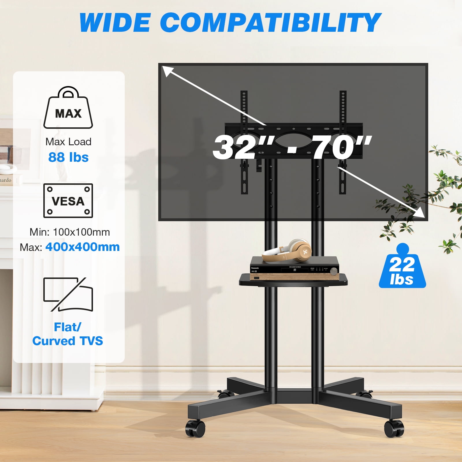 TAVR Furniture Rolling TV Stand with Wheels & Power Outlet for 32-70 inch TVs up to 88lbs, Height Adjustable for Outdoor, Home, Office