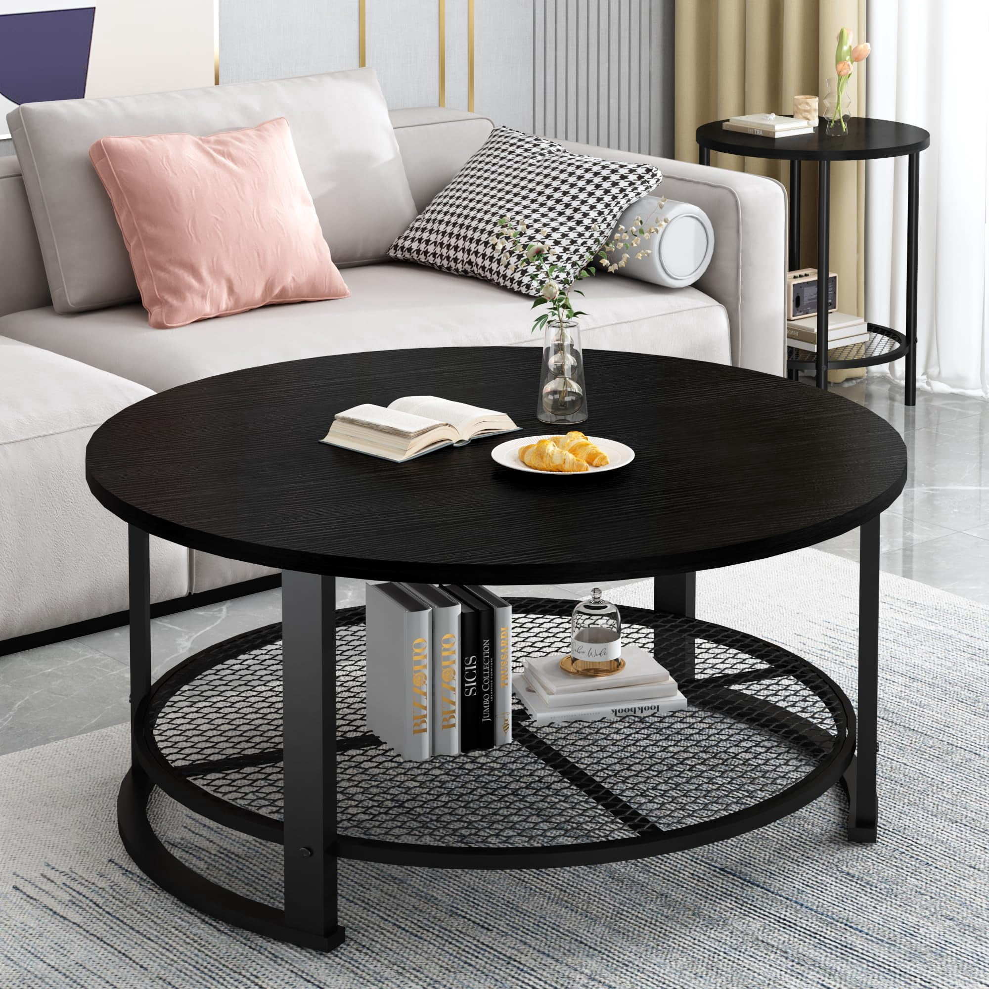 MOOSENG Coffee Table Set of 3, Industrial Vintage Wood Coffee Table with 2 Round End Side Tables, Easy Assembly Living Room Table Set for Offices, Living Rooms and Apartments, Black