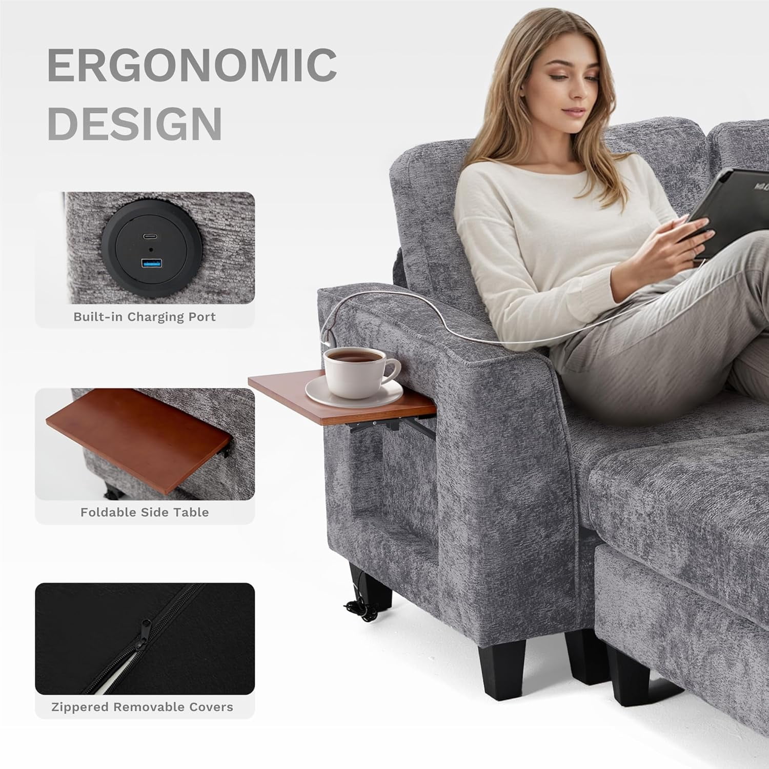 118" U Shaped Sectional Couches,4 Seat Modular Sofa with 2 Ottoman and Foldable Side Table for Living Room, Grey