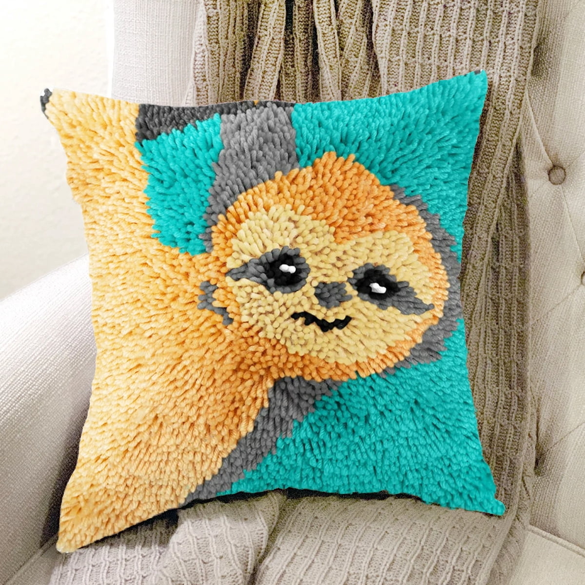 Sloth Latch Hook Kits DIY Throw Pillow Cover Crochet Crafts for Beginner Kids and Adults Handmade Crafts Festival Birthday Gift, 17"x 17"