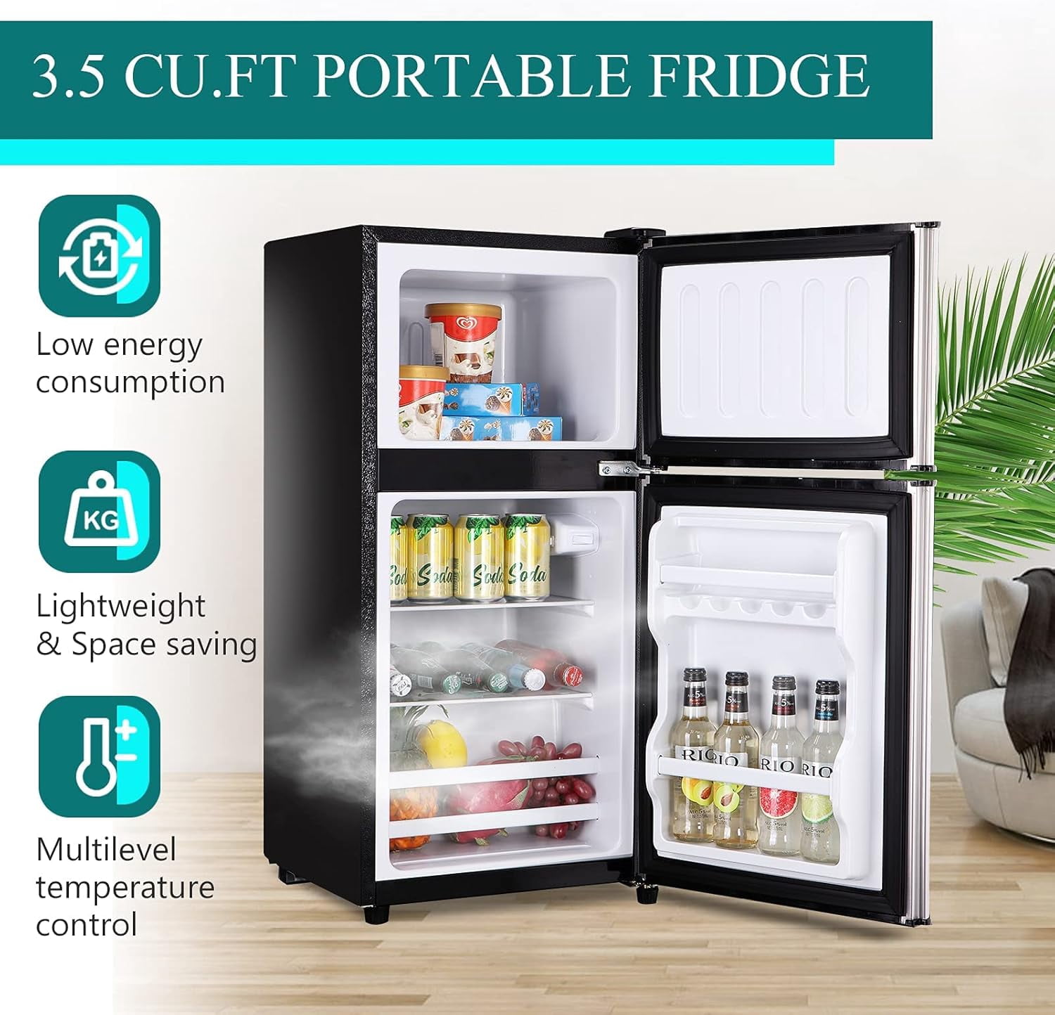 3.5 Cu.Ft Double Door Mini Fridge with Freezer, Compact Refrigerator with 7-Level Thermostat, Low Noise Energy Saving, Removable Glass Shelves, Silver