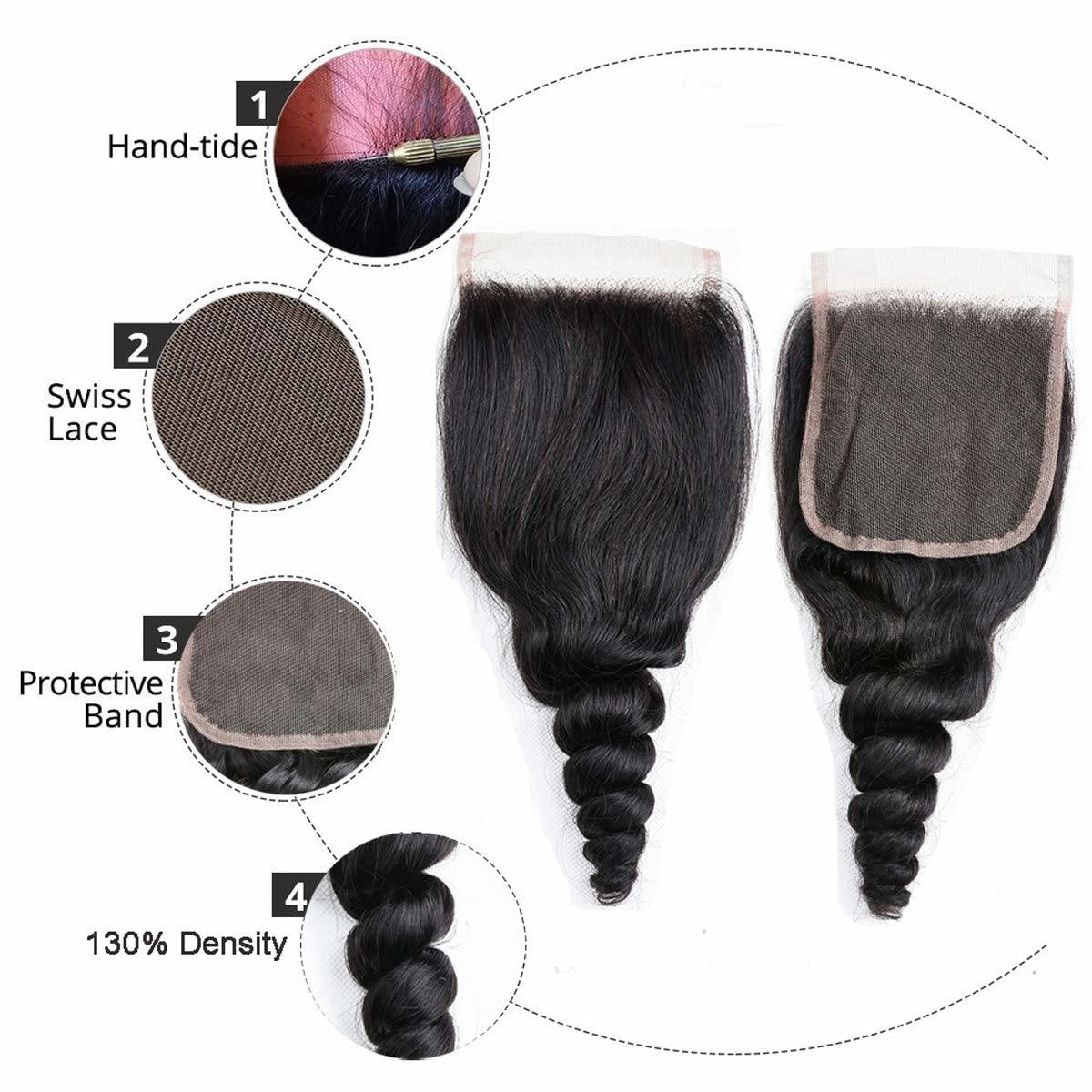 Brazilian Loose Wave 3 Bundles with Closure 4x4 Free Part Virgin Human Hair 10A 100% Unprocessed Human Hair Extensions Natural Color