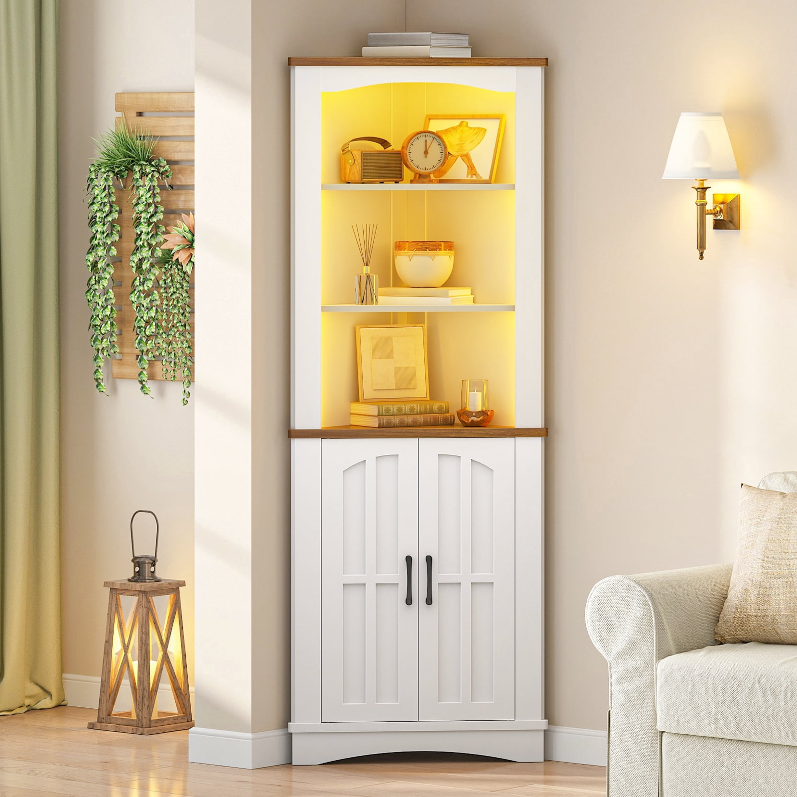 HOOBRO Corner Cabinet with LED Lights, 67" Tall Farmhouse Corner Storage Cabinet with Doors, 5-Tier Corner Shelf Bookcase, Bathroom Hutch, for Living Room, Kitchen, White and Walnut WH74DCJ01