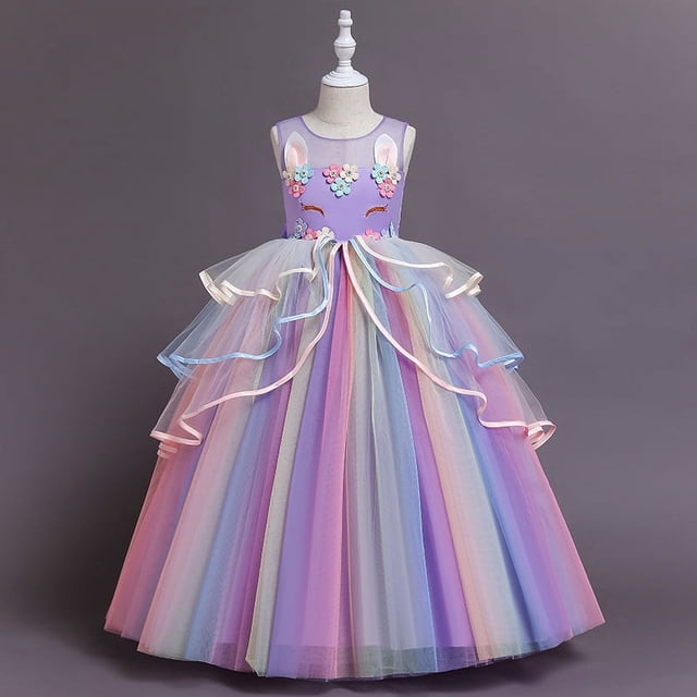 Vestido de princesa de hilo abullonado con malla de unicornio y arcoíris para niñas de estilo europeo y americano