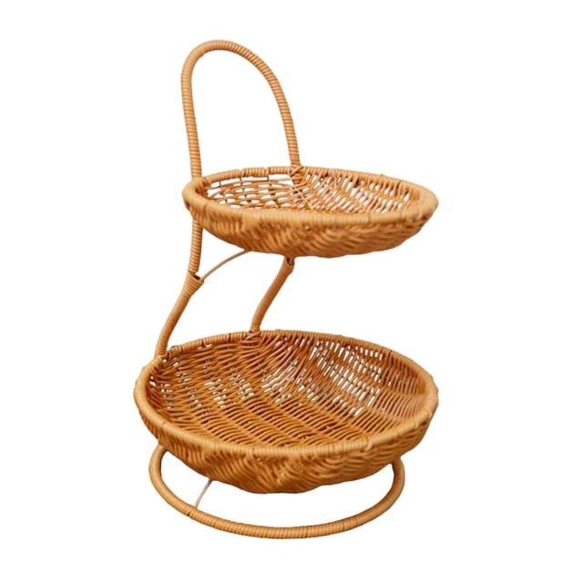 Cesta de frutas tejida de imitación de ratán, cesta para guardar aperitivos, decoración, organizador de almacenamiento que ahorra espacio para cocina Dos capas