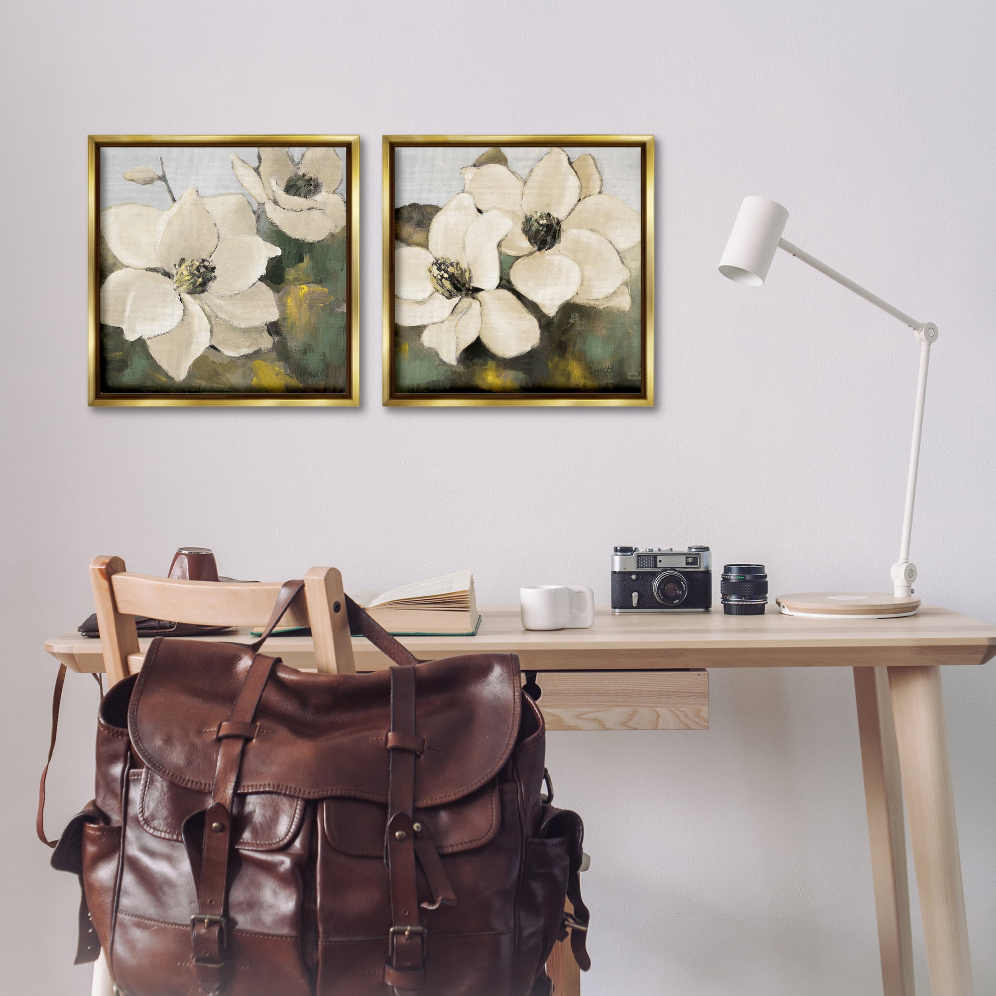 Stupell Industries Blooming Magnolia Blossom Plants & Flowers Painting Gold Floater Framed Canvas Art Print Wall Art, 18 x 18, Set of 2