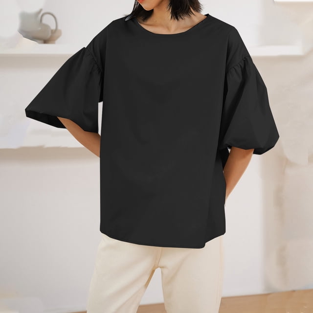FcBaudy Hauts pour Femmes, Chemises pour Femmes, Blouses à Manches Courtes Col Rond & Chemises d'Été Unies pour Femmes, Chemises Amples à Manches Bouffantes Manches Courtes Col Rond Blouses pour Femmes
