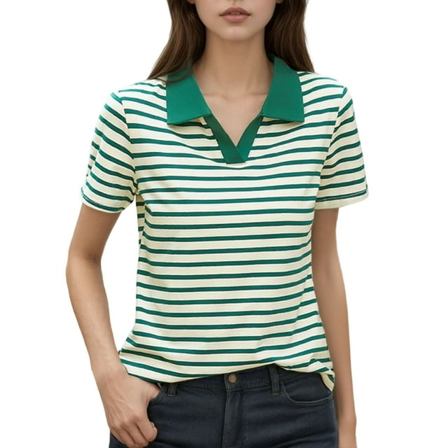T-Shirt Tendance pour Femme à Col en V Rayé avec Col, Haut Décontracté à Manches Courtes pour Tous les Jours et à Porter