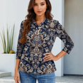 thumbnail image 4 of CCRFTGI 3/4 length sleeve womens tops Business Work Polo Shirts Athletic Lapel V Neck Collared Shirts Fall Vintage Ethnic Print Lightweight Button Tees Navy L, 4 of 4