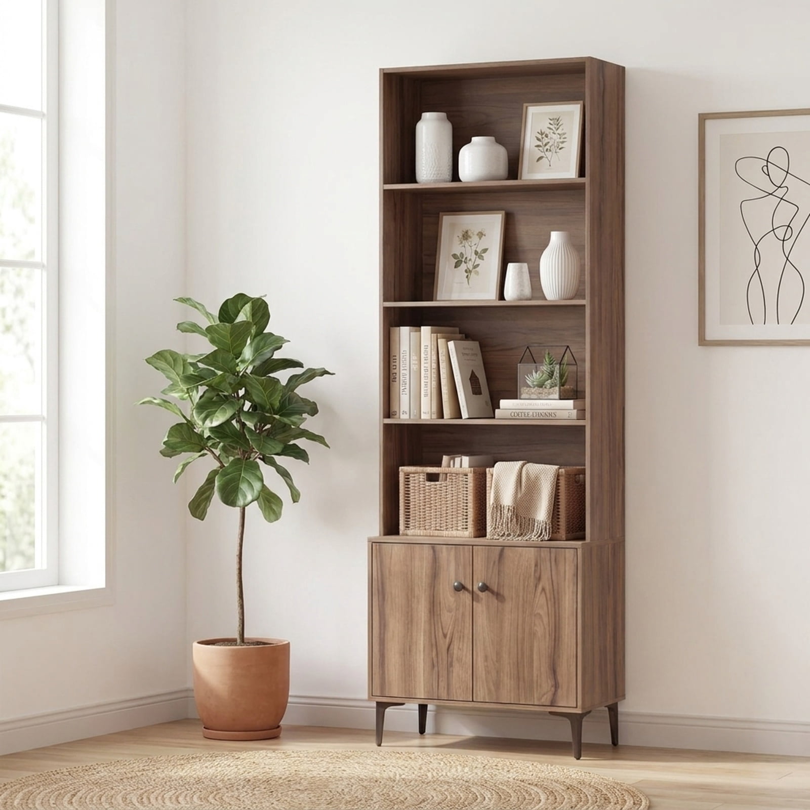 Furnibear Giantex Bookshelf with Doors and 2 Anti-Tipping Kits for Home Office for Living Room Home Office Bedroom Display Storage Shelf, Walnut