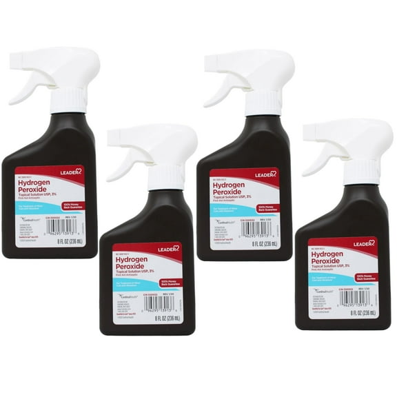 Leader Hydrogen Peroxide First Aid Antiseptic Topical Solution USP, 3% Spray Bottle 8 fl oz - 4 Pack