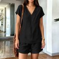 thumbnail image 3 of Pounoo Sets for Women 2 Piece V Neck Short Sleeve Top Elastic Waist Shorts Casual Summer Beach Vacation Matching Outfits, 3 of 9