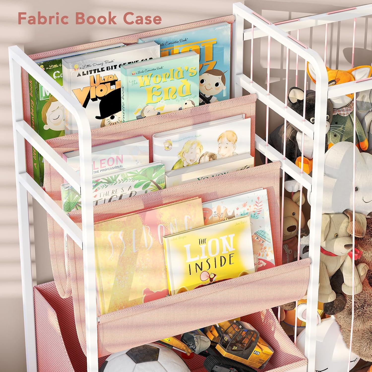 Kids Bookshelf and Stuffed Animal Storage - Multi-Function Nursery Book Shelves with Toy Box and PVC Book Display, Toy Organizer for Playroom, Bedroom, Nursery, Pink