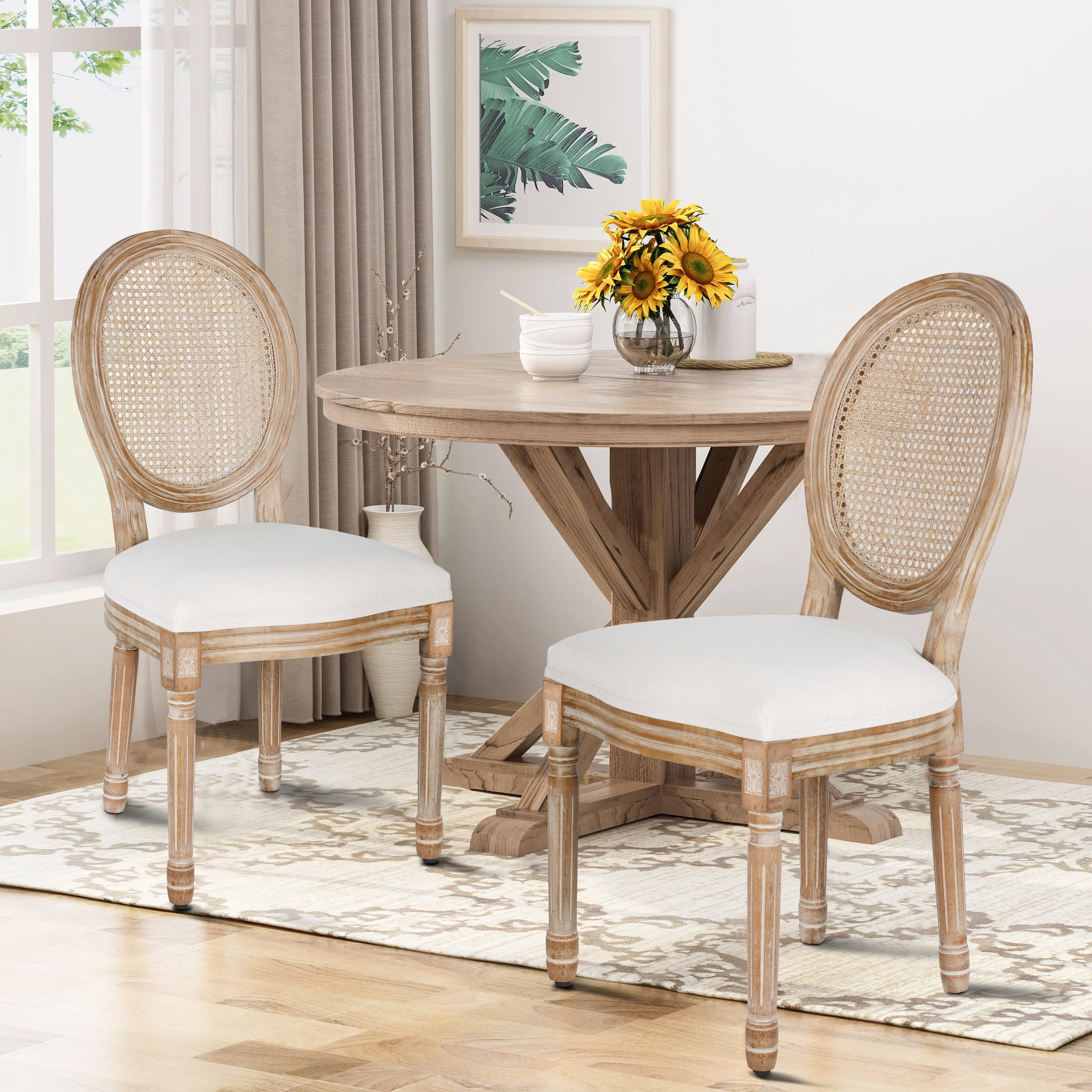 French Dining Chairs Set of 6 Beige Natural Fabric Round Back with Solid Wood Legs and Frame for Bedroom Dining Room Kitchen