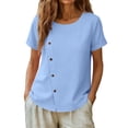 thumbnail image 5 of GUACER Blouses for Women Short Sleeve Cotton Linen Casual Round Neck Button Down Tops Relaxed Fit Shirts, 5 of 7