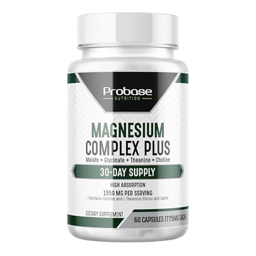 Probase Nutrition Magnesium Complex Plus with Magnesium Malate, Glycinate, L-Theanine, and Choline High Absorption Formula 60 Capsules 30-Day Supply