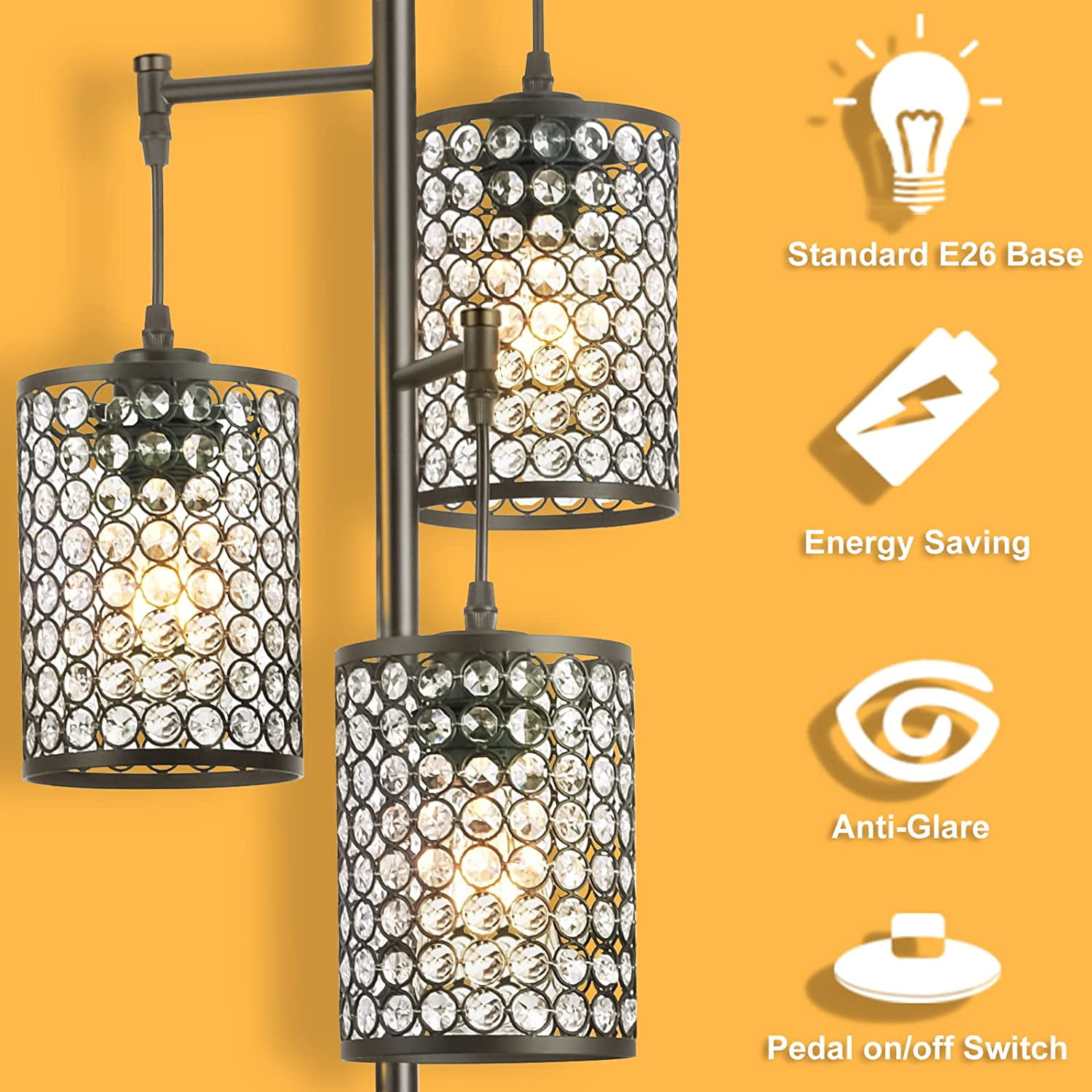 EE Eleven Master 3-Light Modern Black Tree Floor Lamp with Crystal Birdcage Shades