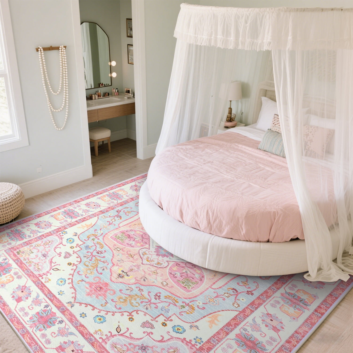 Balacho Pink Persian Medallion Area Rug Floral Pattern Low-Pile Carpet for Bohemian Living Room, 5' x 8'