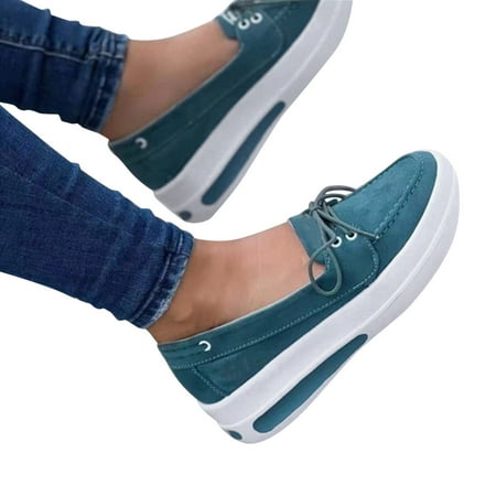 

f21 Womens Fashion Solid Color Suede Lace-Up Wedge Platform Casual Shoes Womens Platform Sneakers Size 9 Blue Wide