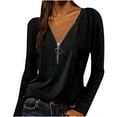thumbnail image 1 of Pompotops Fashion Woman V-Neck Long Sleeve T-Shirt Autumn Solid Blouse Zipper Tops, 1 of 7