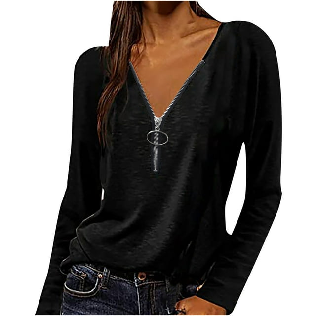Pompotops Fashion Woman V-Neck Long Sleeve T-Shirt Autumn Solid Blouse Zipper Tops