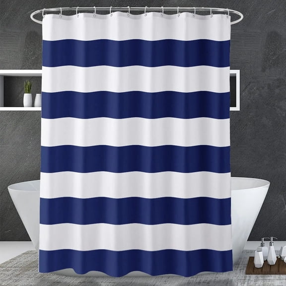 Navy Blue Shower Curtain Stripes and White Fabric for Bathroom Waterproof Home Bath Decor