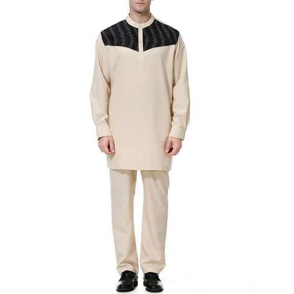 Edvintorg 2 Piece Outfits for Men 2025 Men's Muslim Robe Set Arab Middle Robe Pattern Embroidery Slim Fit Medium Long Sleeve Standing Neck Top and Pants Robe Set Khaki XXXL