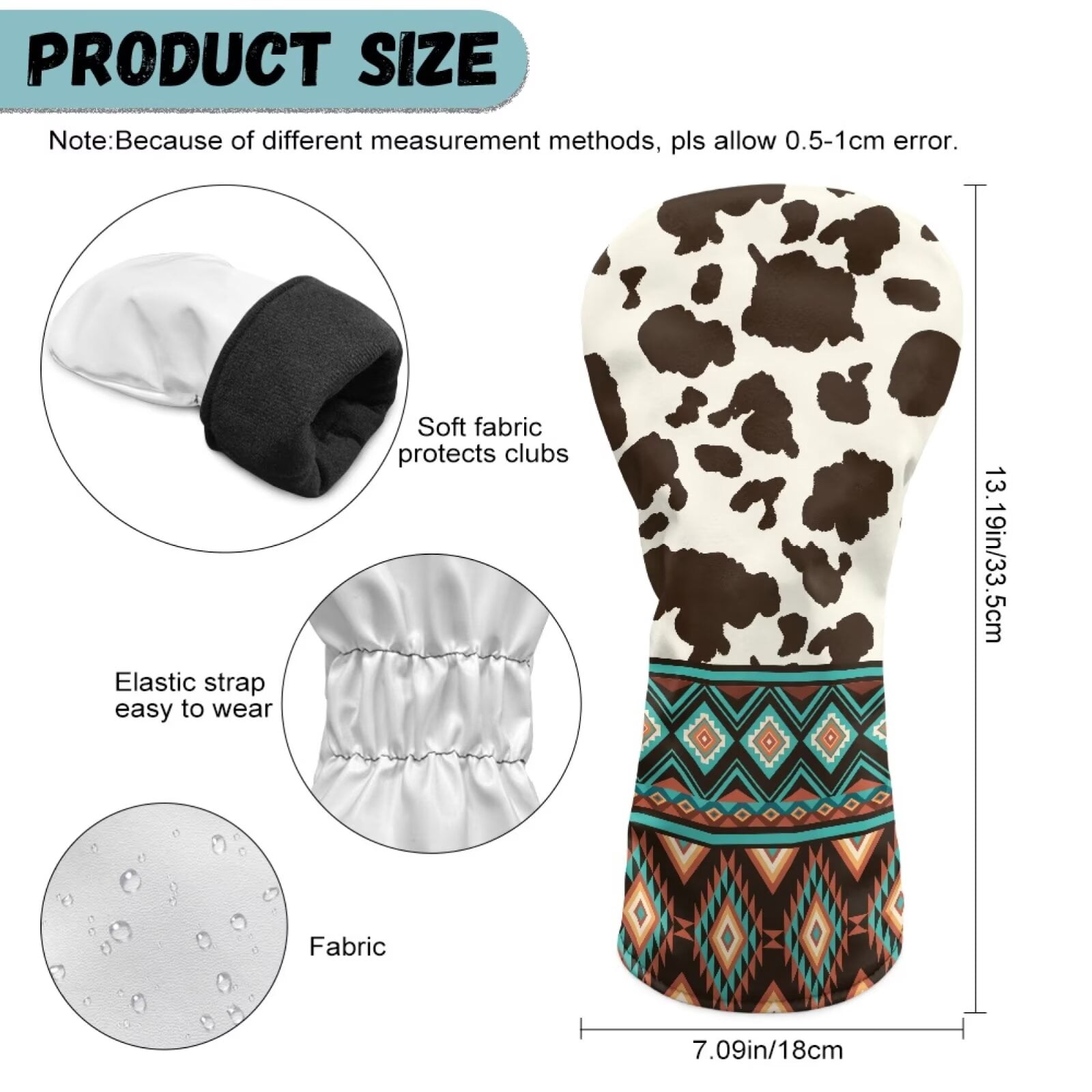 Uorisanigo Golf Club Head Covers, 3Pcs Golf Club Headcovers Set with Soft Lining, Fairway Wood Head Cover, Aztec Cow Print Driver Headcover PU Waterproof Accessories Gift for Women Men
