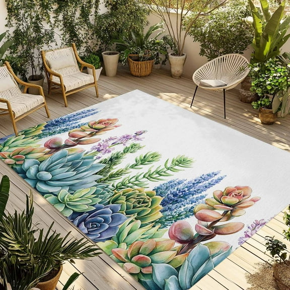 Fsddascl Succulent Outdoor Rug for Patio/Deck/Porch, Non-Slip Large Area Rug 5 x 8 Ft, Spring Botanical Garden Florals Tropical Indoor Outdoor Rugs Washable Area Rugs, Reversible Camping Rug Carpet