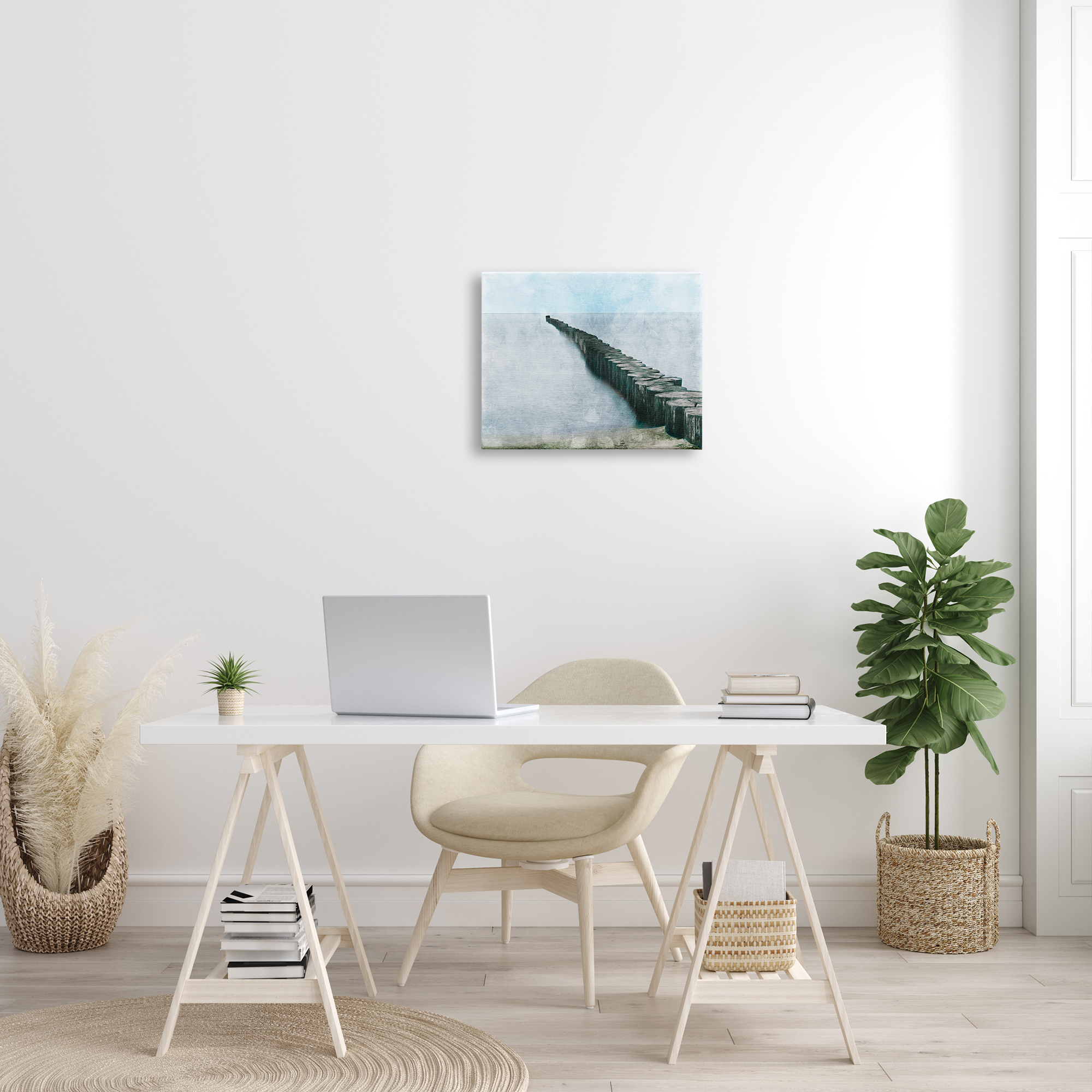 Stupell Industries Shoreline Beach Piling Landscape Nautical Ocean Horizon Nature Painting Gallery Wrapped Canvas Print Wall Art, 16 x 20