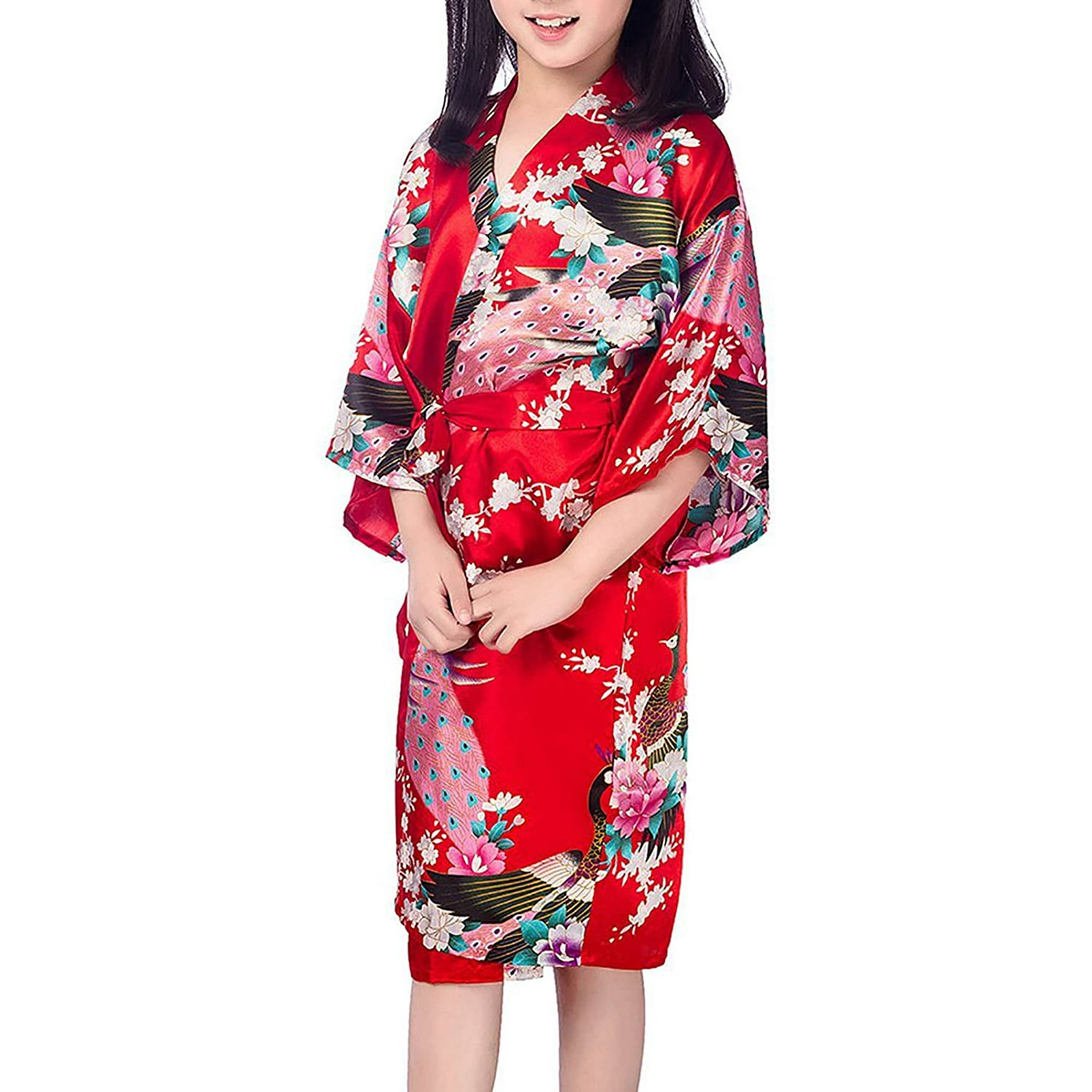 Girls Peacock Satin Kimono Robe Bathrobe Nightgown for Spa Party Wedding Birthday Walmart