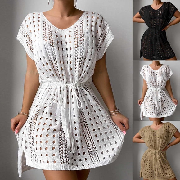 NSLGXD Crochet Knit Beach Cover Ups for Women Dress Short Sleeve Drawstring Waist Swimsuit Cover-Ups Hollow Out Summer Bathing Suit Dresses with Side Slit White Cover Ups,Free Size