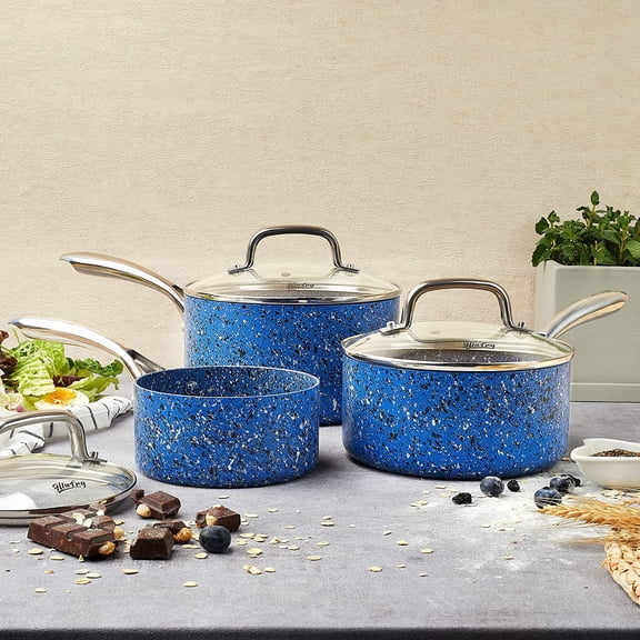 Nonstick Premium 3-Piece Saucepan Set with Glass Lids, Natural Granite Coating, Nonstick, & Oven Safe to 450°F, 1&2&3QT, Blue