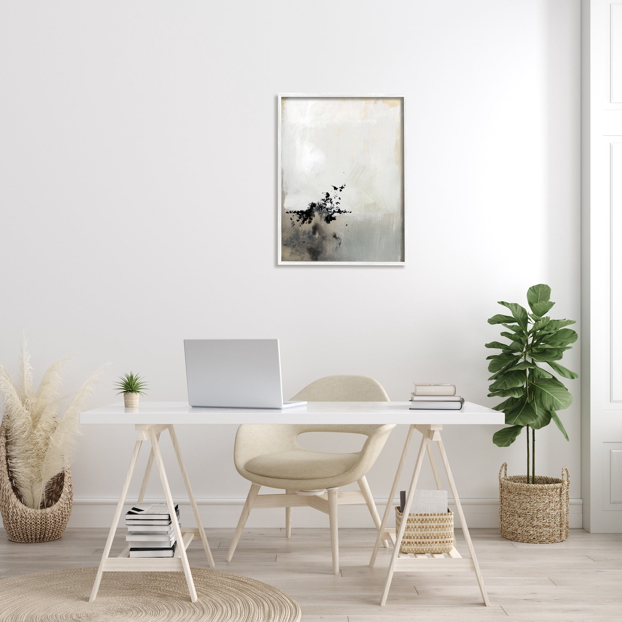 Stupell Industries Minimal Neutral Abstract Painting Black Splatter White Framed Art Print Wall Art, 24x30, by Victoria Barnes