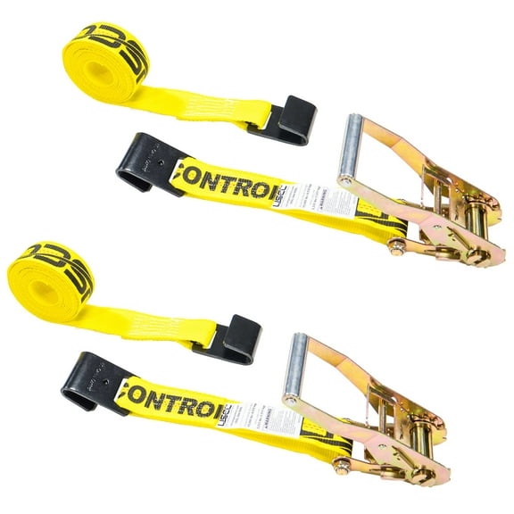 US Cargo Control, Flat Hook Ratchet Strap, Ratchet Strap Tie Downs, 2 Inch Wide X 18 Foot Long, Yellow Ratchet Straps With Black Flat Hook, 3,333 Pound Working Load Limit, 2 Pack