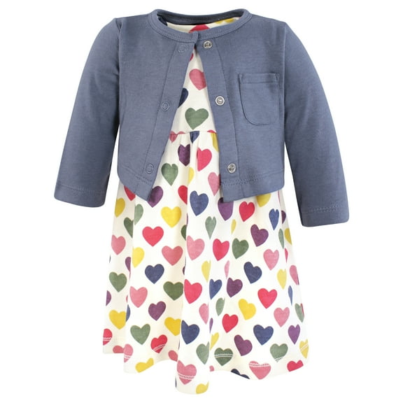Hudson Baby Infant and Toddler Girls Cotton Dress and Cardigan Set, Indigo Hearts, 0-3 Months