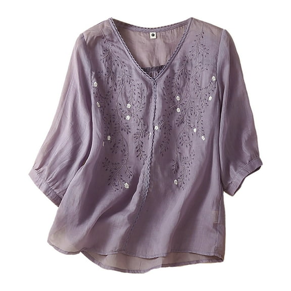 OJSFQUFP Women Casual Tops Purple Embroidered V Neck Half Sleeve Shirt Blouse Top Stylish Tops with Design Comfortable Soft Blouse XL