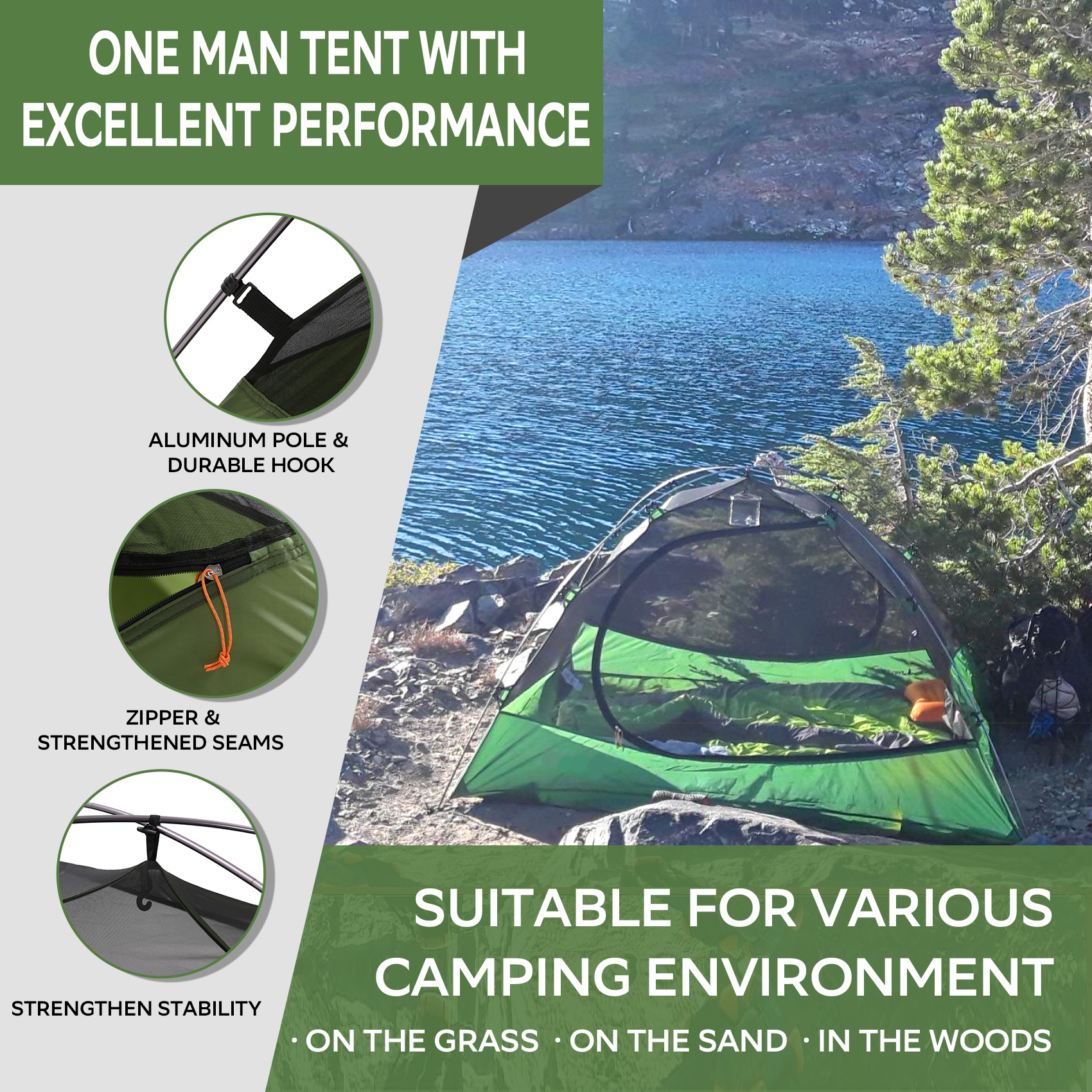 Carpa Tesleader ultraliviana para 1 persona, para 3 estaciones, impermeable, verde 6