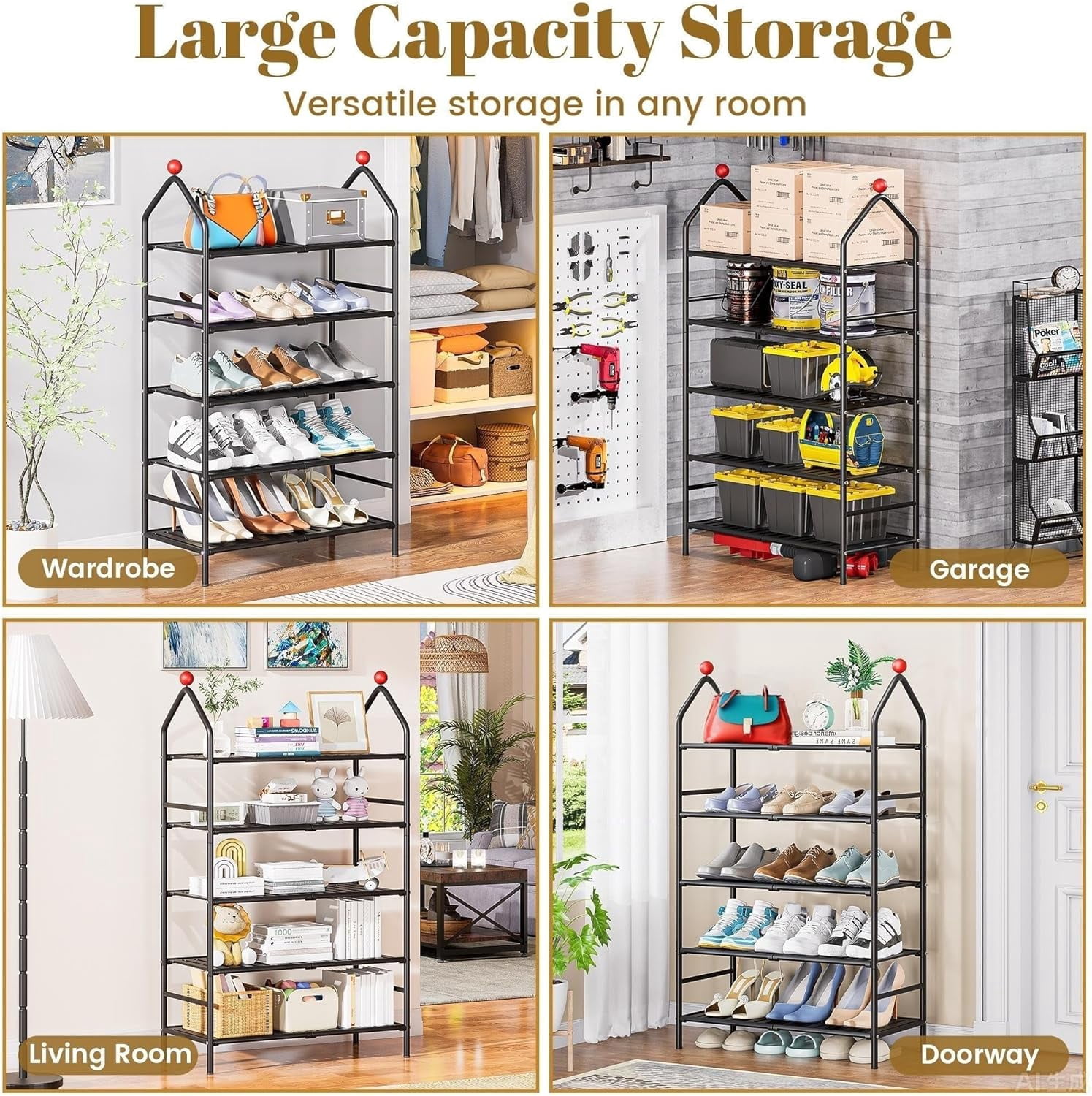 5-Tier Shoe Rack, Metal Storage Shelf, Black, Sturdy Shoe Organizer for Closet, Entryway & Garage
