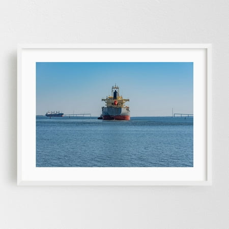 Ship Heading Out to Sea from the Port of Baltimore MD - Baltimore Maryland Photography Maritime Boat Nautical Harbor Seascape Port Bridge White Framed Wall Art Print 20 x 30 inches