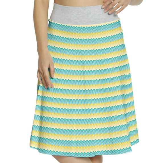 Women's Yellow and Blue Chevron Motif Ombre A-line Printed Skirt Casual Wear, 3XL, Aqua Mustard, by Ambesonne