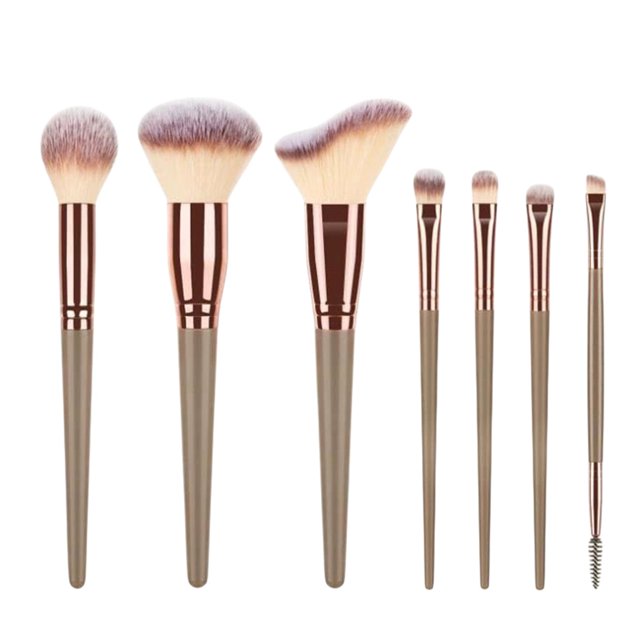 Set de brochas de maquillaje: 7 brochas suaves para base en polvo suelto, sombra de ojos y corrector. Brocha para cejas. Set portátil de herramientas.