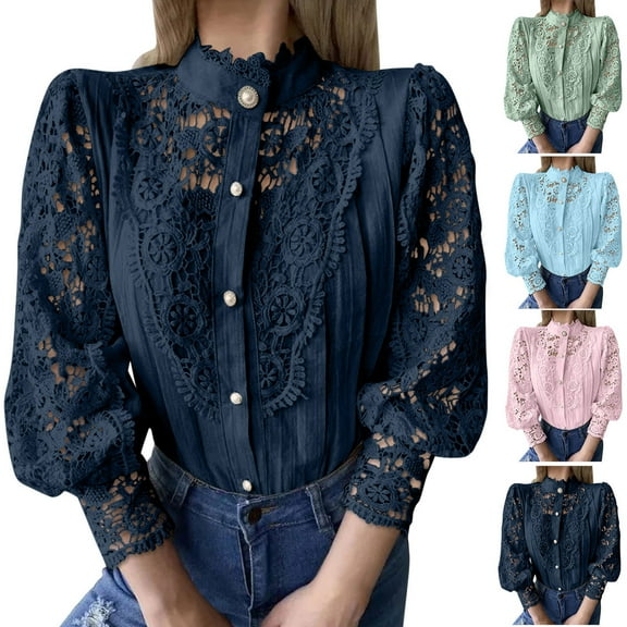 Loopsun Womens Fall Tops Plus Size, Long Sleeve T Shirts for Women, Women's Casual Lace Solid Round Neck Long Sleeve Button Down Shirts Blouse Tops Green, XXL