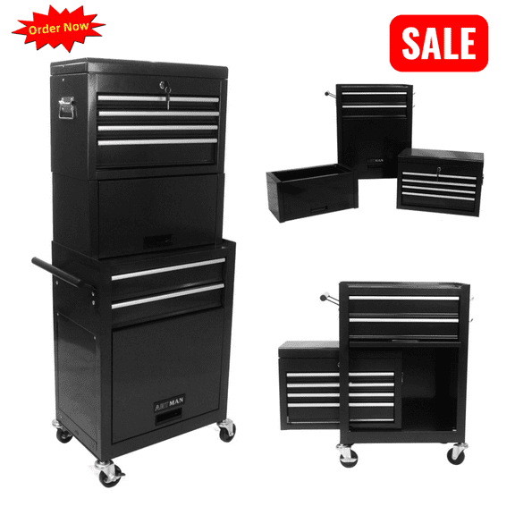 Tcbosik Rolling Tool Chest, Lockable Tool Box Organizer with Detachable Top and 6 Drawers, Tool Storage Cabinet for Garage Workshop, Black