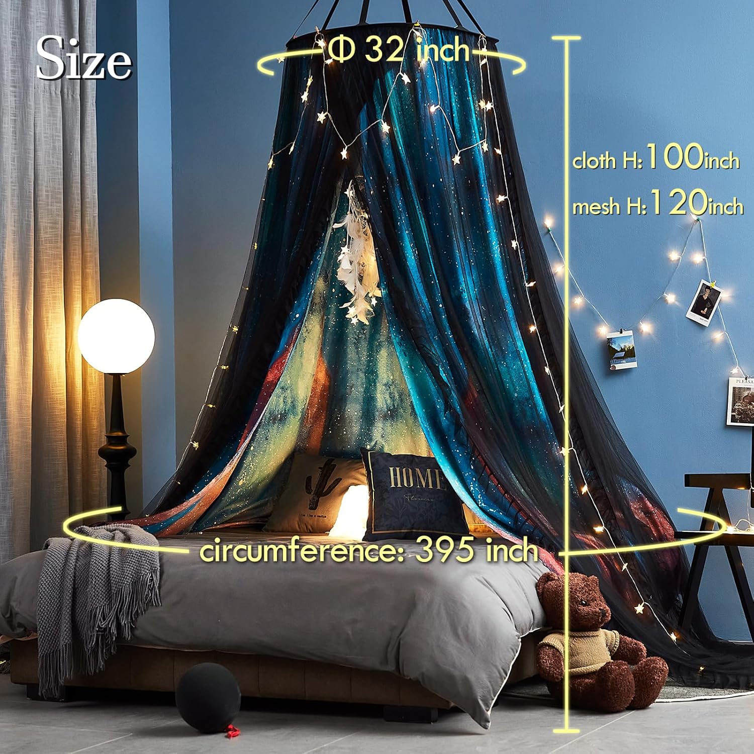 Gorgeous Aurora Printed Bed Canopy for Girls & Adults, Room Decorative Cozy Bed Curtain Canopy Drapes, Round Dome Luxurious Lace Princess Canopies Mosquito Netting (Aurora)