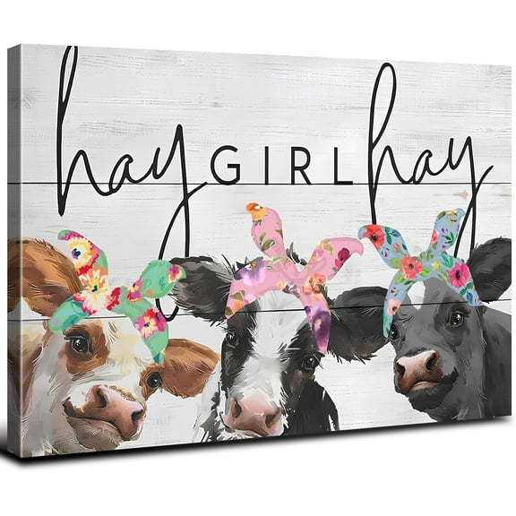 Aaheei Cow Wall Art Rustic Cow Wall Decor Farmhouse Funny Cows Canvas Prints Painting Hey Girl Hey Sign Picture Modern Country Artwork for Girl Bedroom Living Room Home Decoration